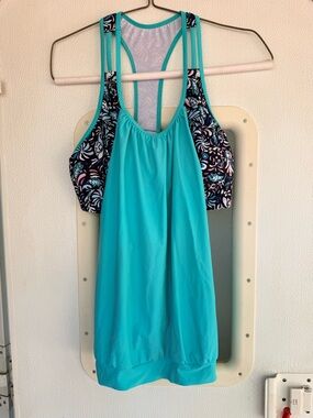 Turquoise Racerback Swim Tank with Patterned Navy Side Panels